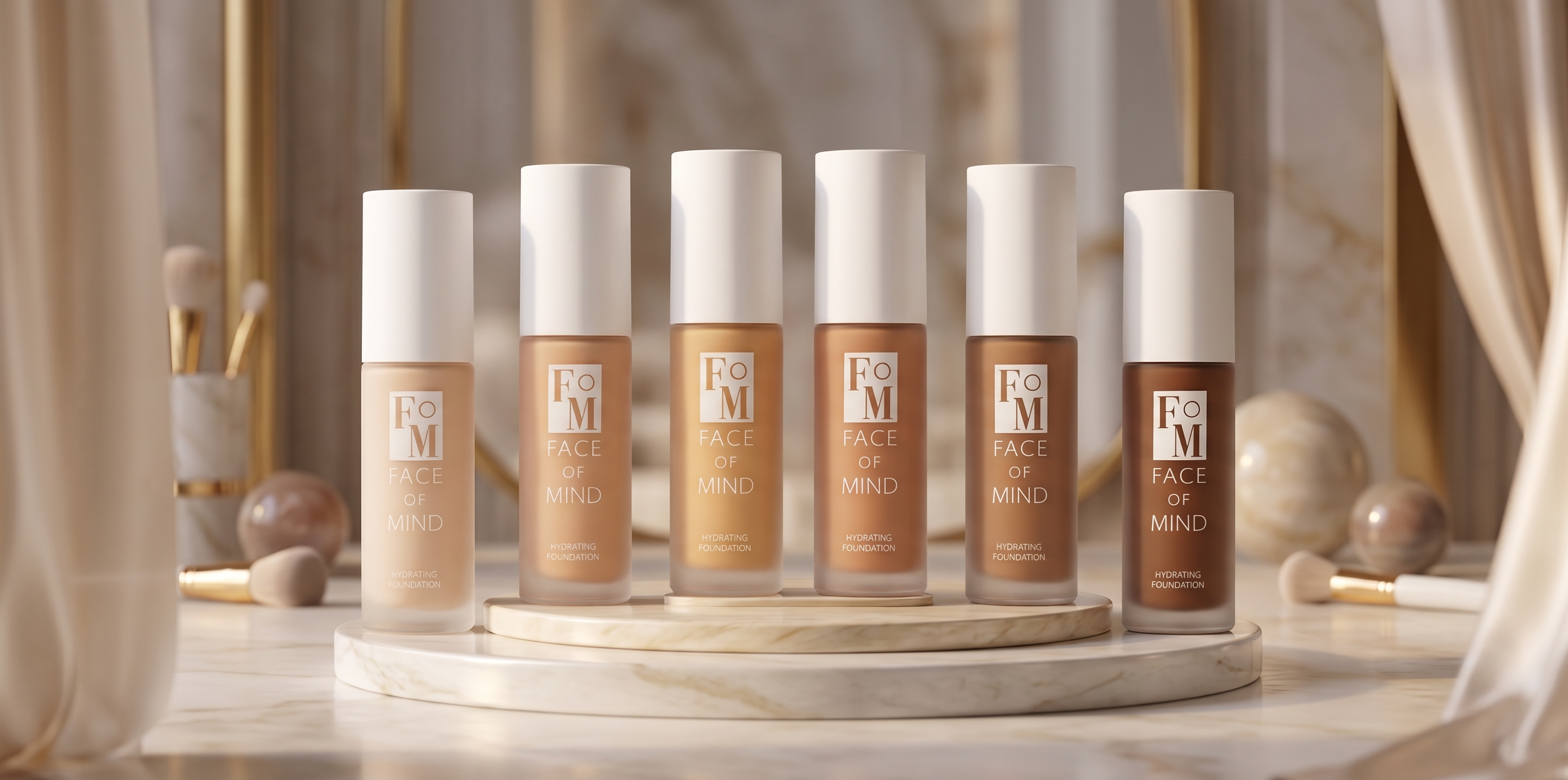 The six Face of Mind hydrating foundation shades with calla lilies