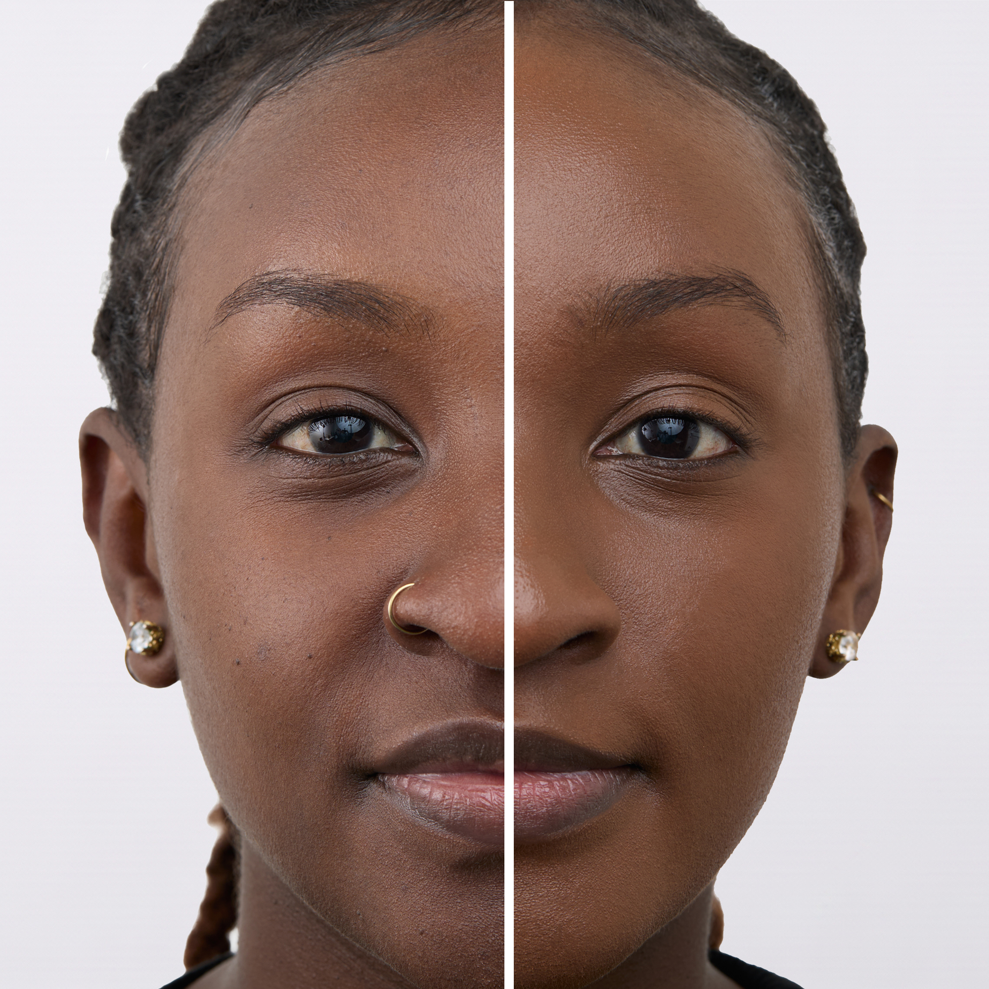 Before and after, deeper skin tone